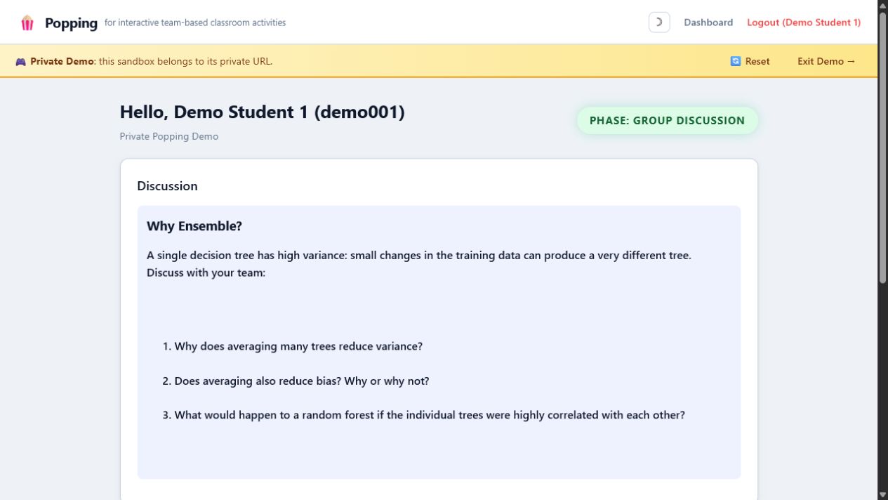 Popping student view during a live group discussion, showing an ensemble-learning question and discussion prompts.